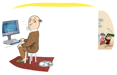 Pappa Åberg sitter vid datorn